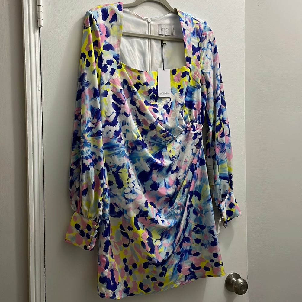 One33 Social drape front bishop long sleeve dress in multicolored blue